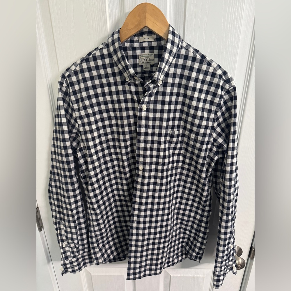 J. Crew Navy Gingham Secret Wash Button Down Shirt - Stretch